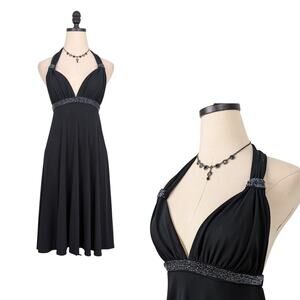 Y2K Express Mini Dress XS Black Babydoll Halter Bead Fairy Goth Halter Glam Hoco